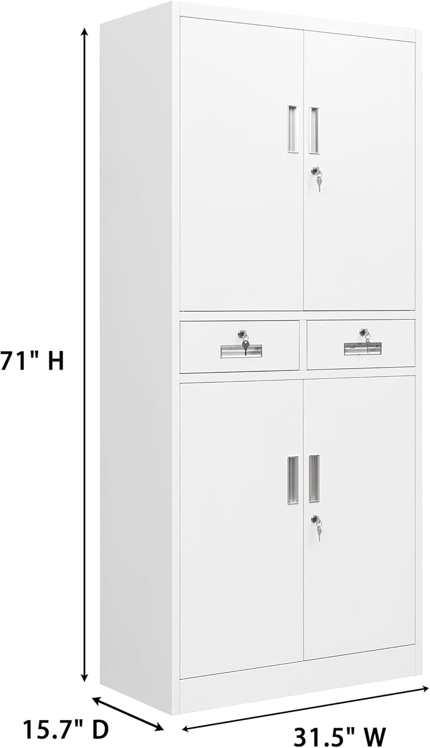 CMY Metal Storage Cabinet, 71" H x 32" W x 16" D Locking Cabinet with Adjustable Shelves and 2 Drawers, Steel Storage Cabinet for Office, Garage, Home, School, Utility Room-White