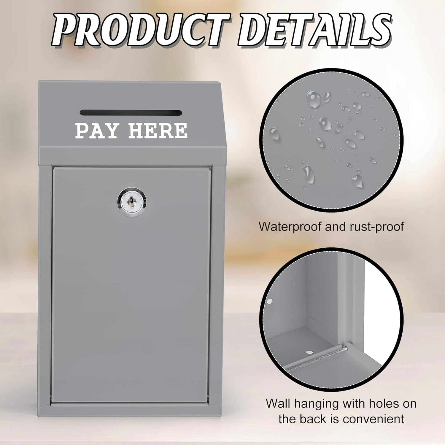 Metal Donation Box Collection Safe Suggestion Box with Lock Wall Mounted Mailbox Delivery Ballot Case Key Drop Case for Home Office Outdoor Door (Grey, 10.24 x 5.71 x 2.95 Inch)