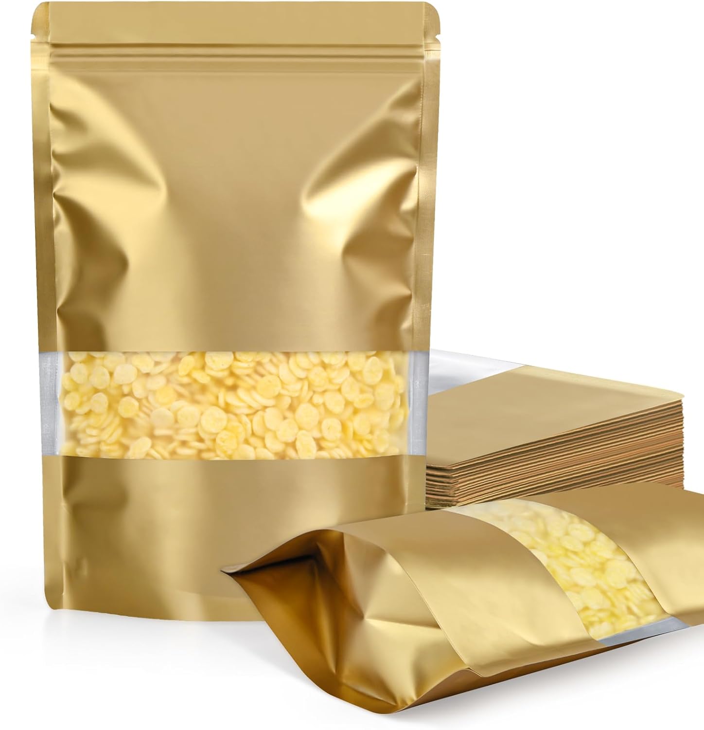 FireKylin 100 Pack Smell Proof Bags 5.5" x 7.8", Resealable Bags with Matte Window, Foil Pouch Stand Up Sealable Bags for Packaging（Gold）