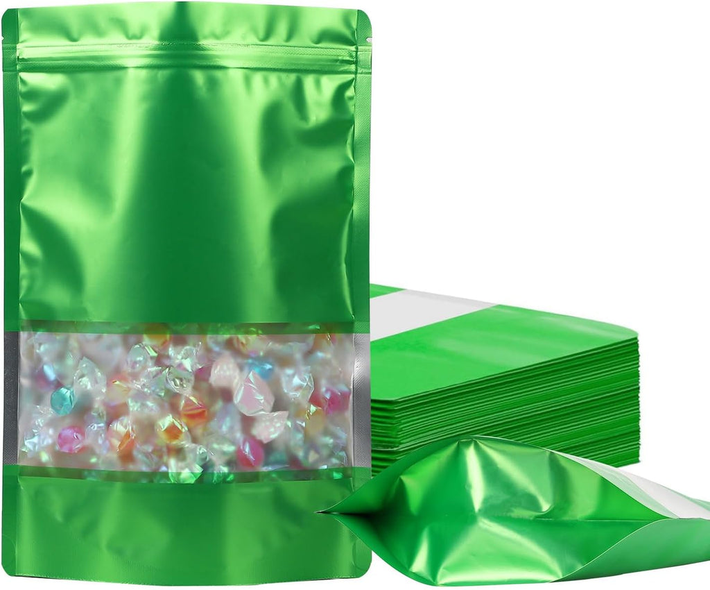 100 Pack Smell Proof Bags, Resealable Mylar Bags with Matte Window, Foil Pouch Stand-up Bags for Food Self Sealing Storage, Scratch Resistant Hand Storage Bags. (Green, 6.3×9.4 Inch)