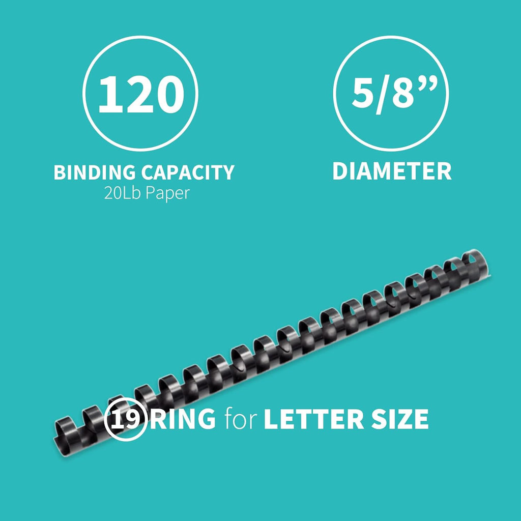 Binditek 100 Pack Plastic Binding Comb Spines, 5/8 Inch Diameter, 120 Sheet Capacity, for Letter Size, Black, for Students and Coworkers