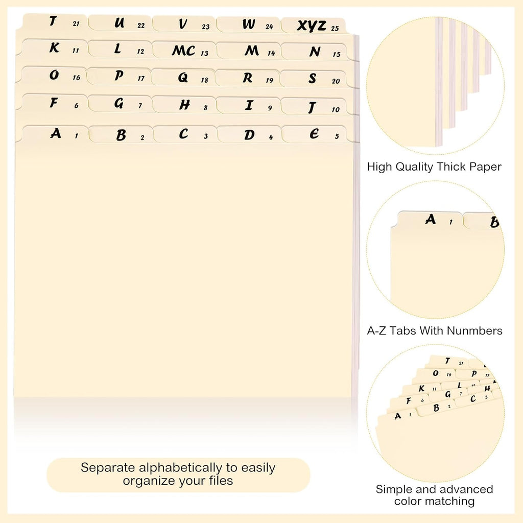 2 Set 50 Pcs Alphabet File Dividers Top Tab File Guides Set, Heavyweight A-z Letter Size Filing Cabinet Dividers 1/5 Cut Tab Desk Organizer for Work School Office