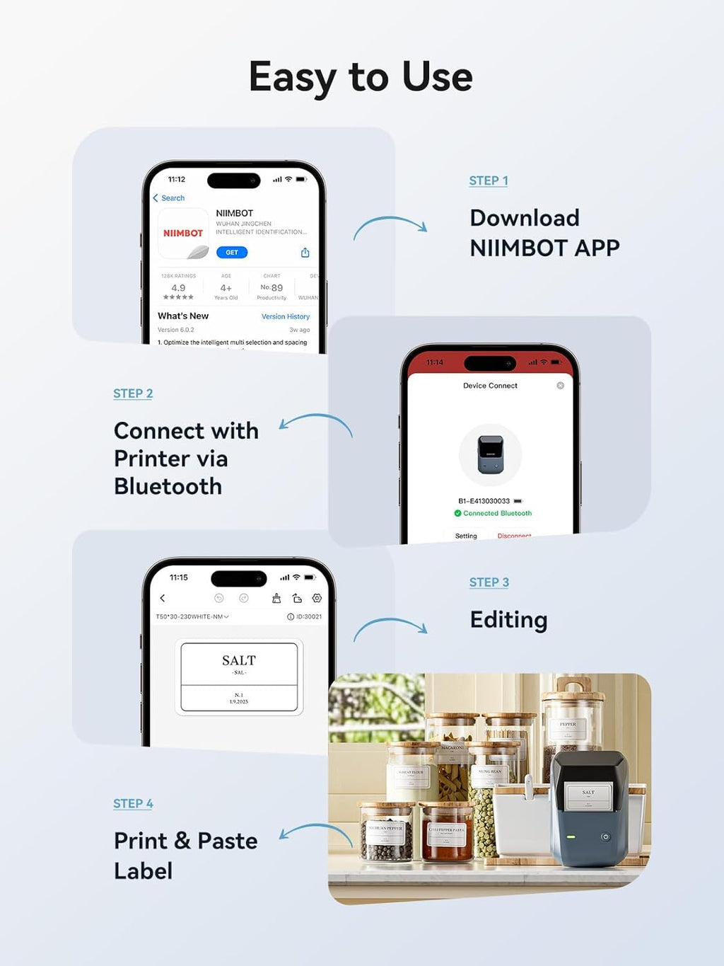 NIIMBOT B1 Label Maker, Bluetooth Portable Thermal Printer Machine with Large Waterproof Tape and Multiple Templates for Small Business,Office,Home,School, 2 Inch (Blue, 1 Printer+3 Roll Label)