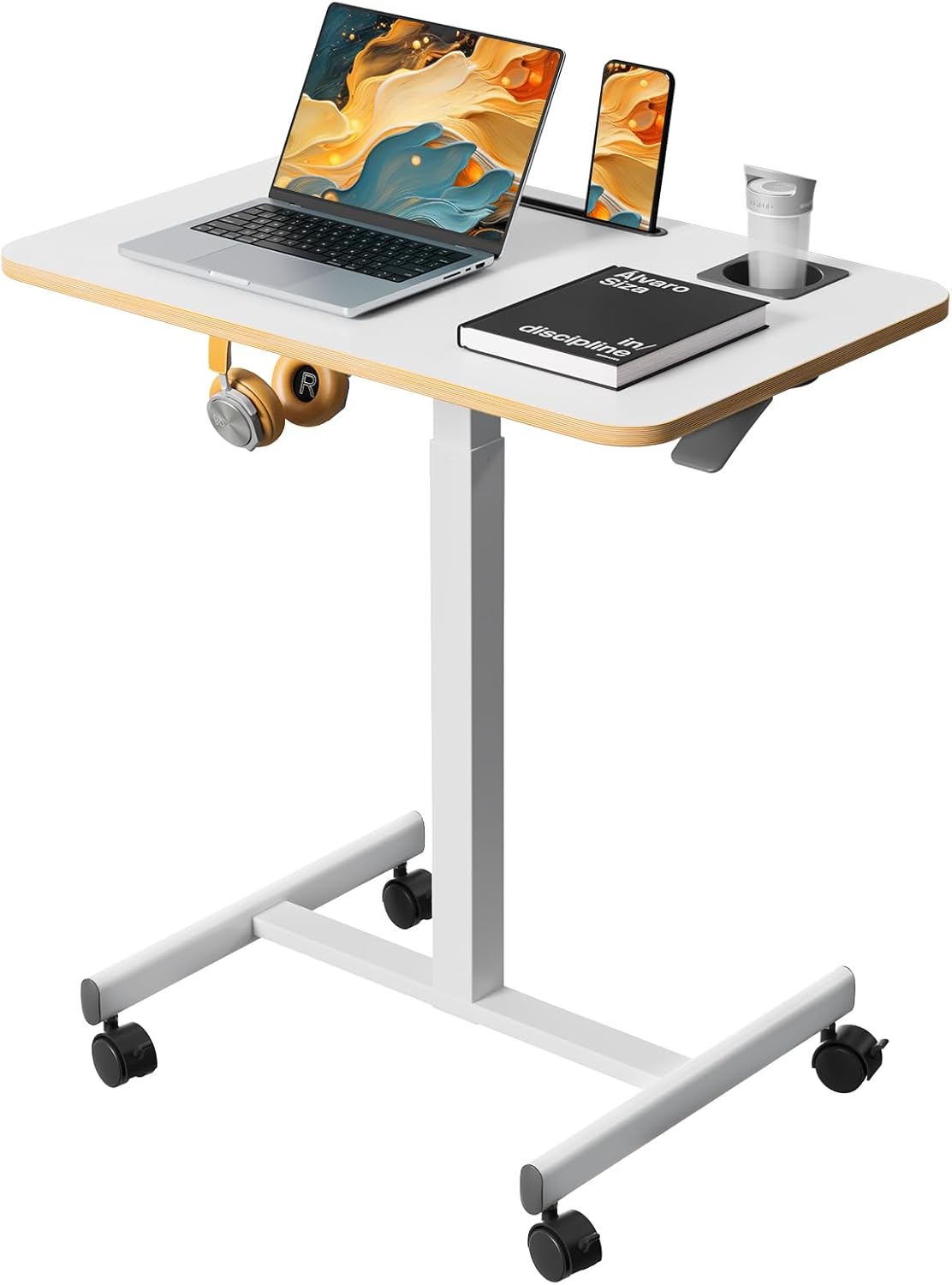 Mobile Standing Desk, Rolling Laptop Cart Adjustable Height with Cup Holder, 28 inch Portable Table with 4 Lockable Wheels, White Computer Workstation with Hook and Slots for Home Office