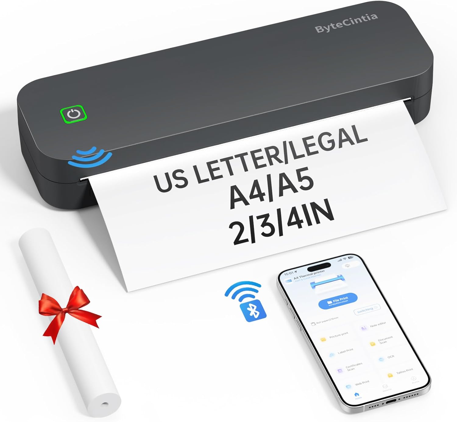 Portable Printer for Travel, Bluetooth Thermal Printer Supports 8.5 x 11 Inch US Letter Size, Compatible with Android and iOS & Laptop Inkless Mobile for Office, Car, School