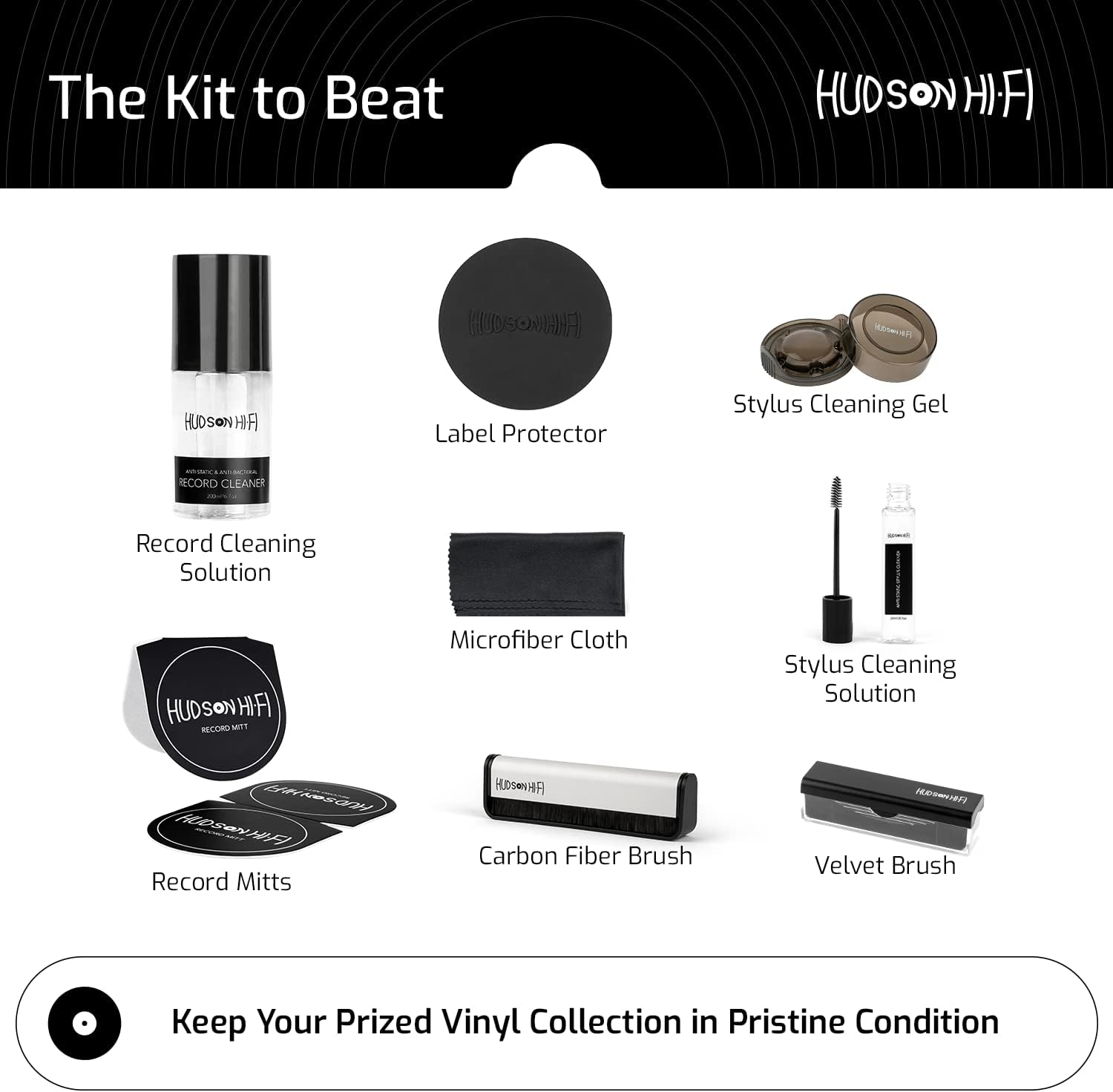 Vinyl Record Cleaning Kit 9-in-1 - Record Mitts, Anti-Static Record Cleaner w/Microfiber Cloth, Label Protector, Velvet & Carbon Fiber Record Cleaning Brush, Gel Stylus Cleaner for Record Needles