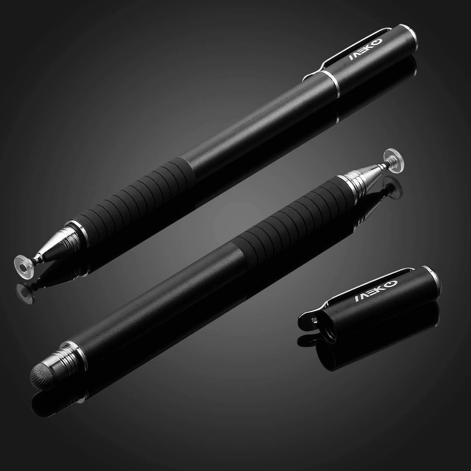 MEKO Universal Stylus,[2 in 1 Precision Series] Disc Stylus Touch Screen Pens for All Capacitive Touch Screens Cell Phones, Tablets, Laptops Bundle with 6 Replacement Tips - (2 Pcs, Black/Black)