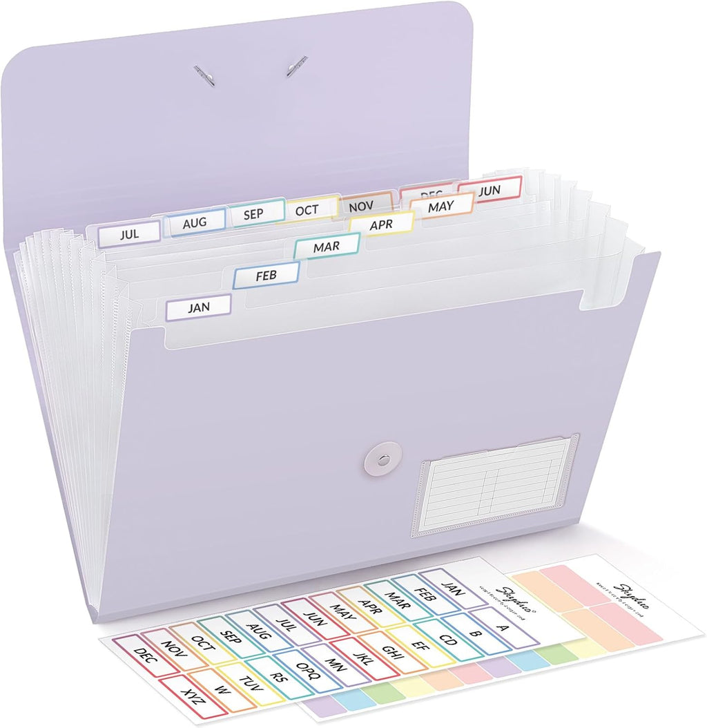 SKYDUE Expanding File Folder, Accordion File Organizer with 13 Pockets for A4/Letter Sized Paper, Accordion Folder with Labels - Document Receipt Organizer for Office, School, Home Purple