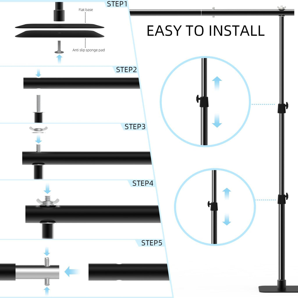 Pipe and Drape Backdrop Stand Kit, 6.5ft x 10ft Adjustable Photo Background Stands with Metal Flat Base for Photography, Birthday Parties, Wedding, Video Studio
