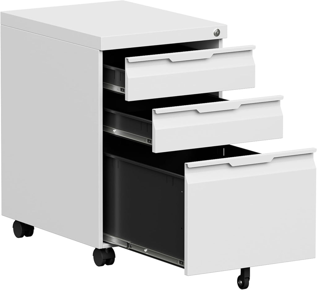 Bestoo 3 Drawer Mobile File Cabinet, Metal Filing Cabinets with Lock Wheels Under Desk, Lockable Rolling File Cabinet for Home Office, Fit Letter/Legal/A4 Size (White)
