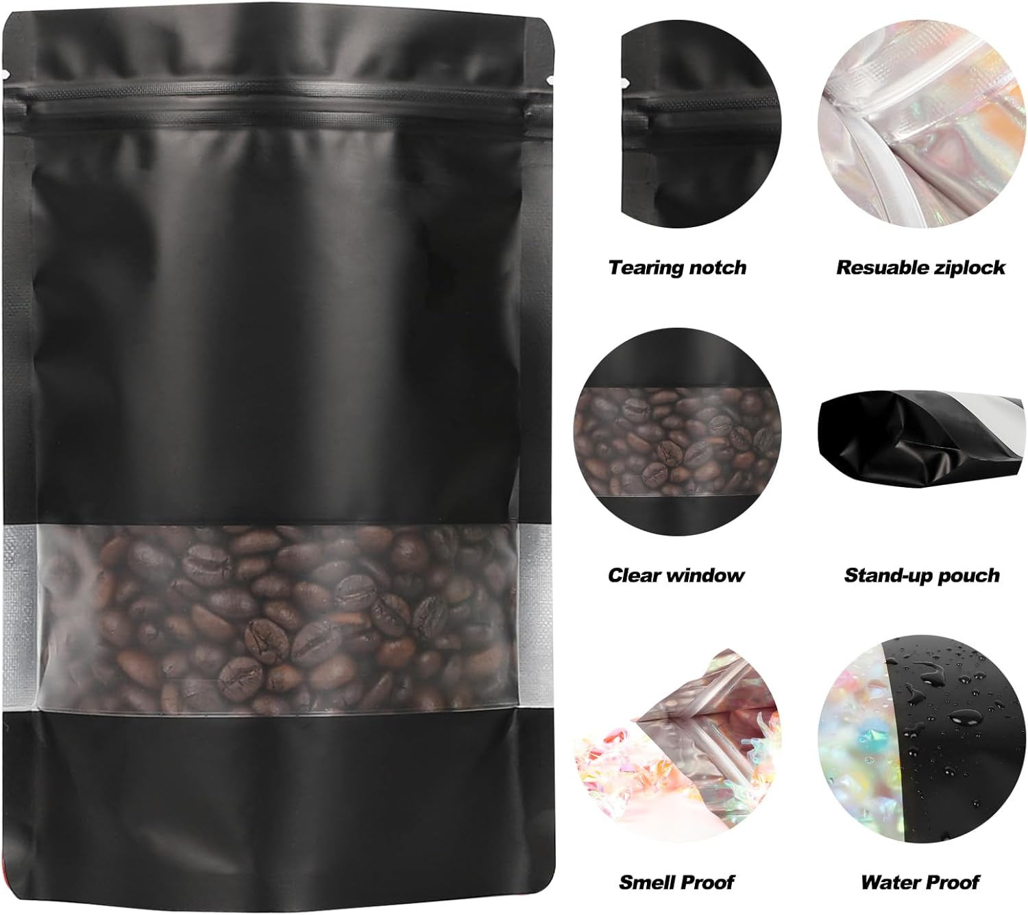 100 Pack Smell Proof Bags, Resealable Mylar Bags with Matte Window, Foil Pouch Stand-up Bags for Food Self Sealing Storage, Scratch Resistant Hand Storage Bags.(Black, 3.9×5.9 Inch)