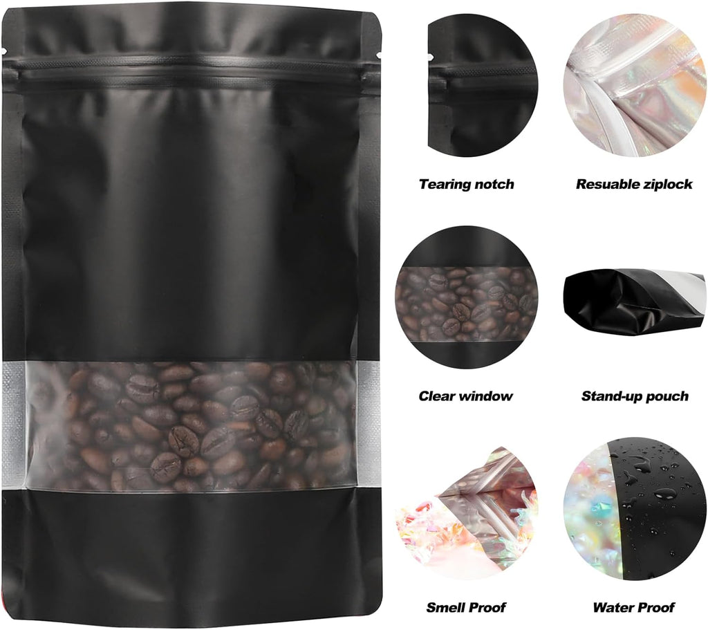 100 Pack Smell Proof Bags, Resealable Mylar Bags with Matte Window, Foil Pouch Stand-up Bags for Food Self Sealing Storage, Scratch Resistant Hand Storage Bags.(Black, 4.7×7.9 Inch)