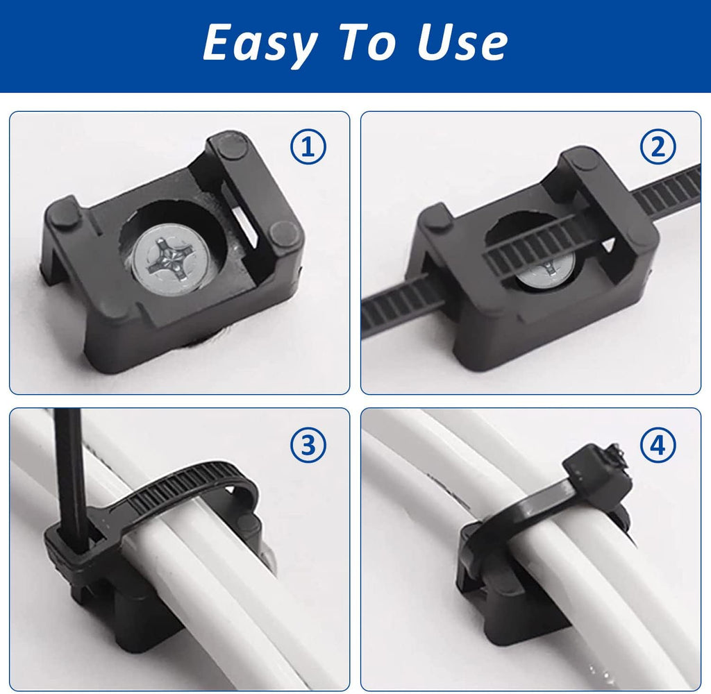 Cable Zip Tie Mounts Kit - 120 Set Wire Cable Clips Organizer Holders with 8" Cable Ties, Saddle Type Mounts Base and Tapping Screw, Black