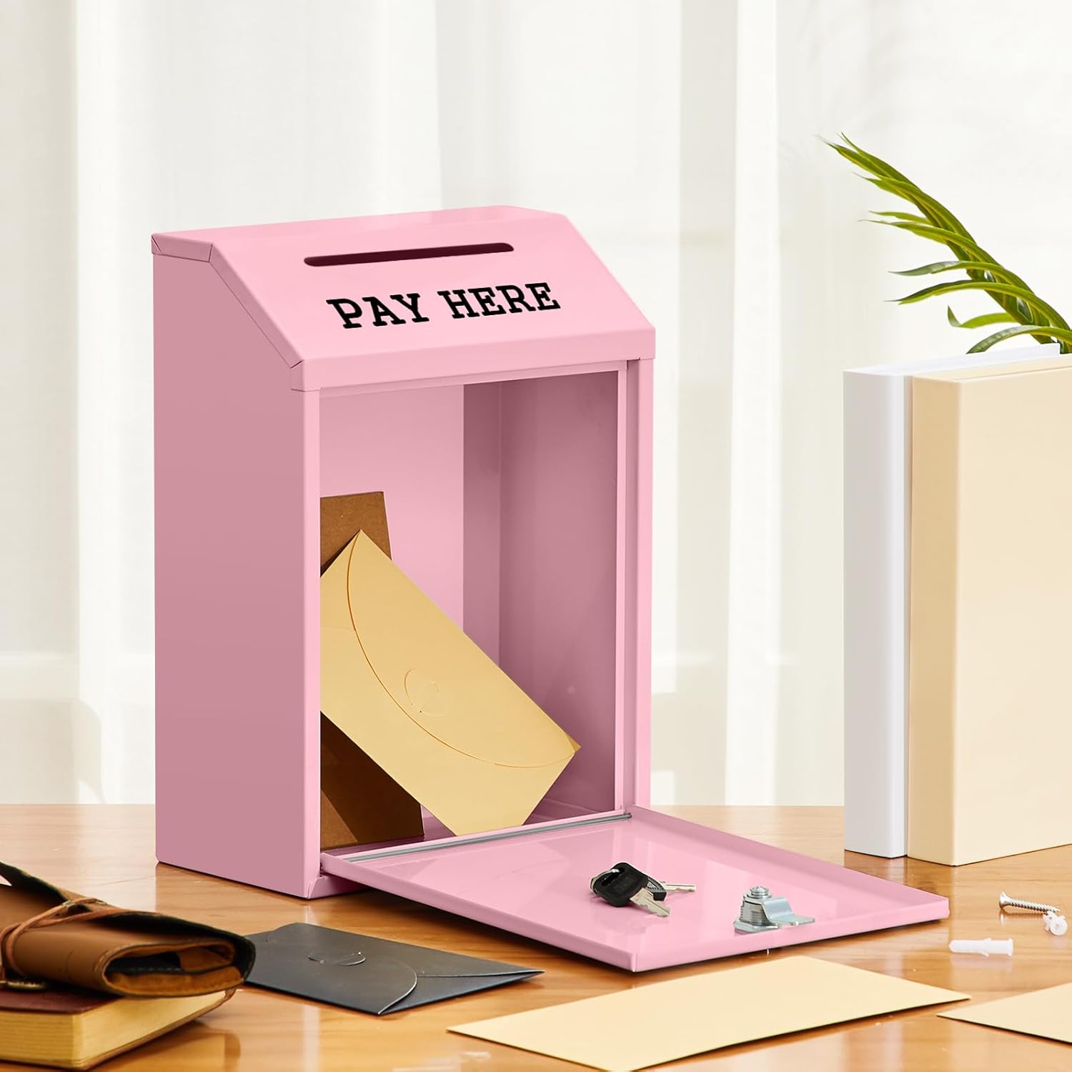 Safe Cash Box Money Collection Metal Donation Box with Lock Wall Mount Pre Drilled Mailbox Delivery Ballot for Home Office Outdoor Self Serve Stand(Pink,11.8 x 8.6 x 4.7 Inch)