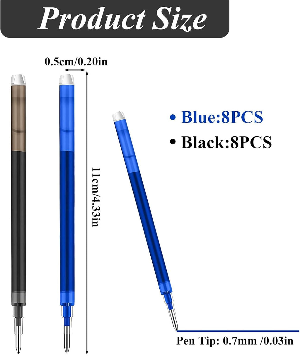 0.7 mm Erasable Gel Ink Pen Refills Compatible with Frixion Friction, Smooth Writing Multicolor Retractable Fine Point Pen Refill for School Office Home Art (Blue & Black, 16)