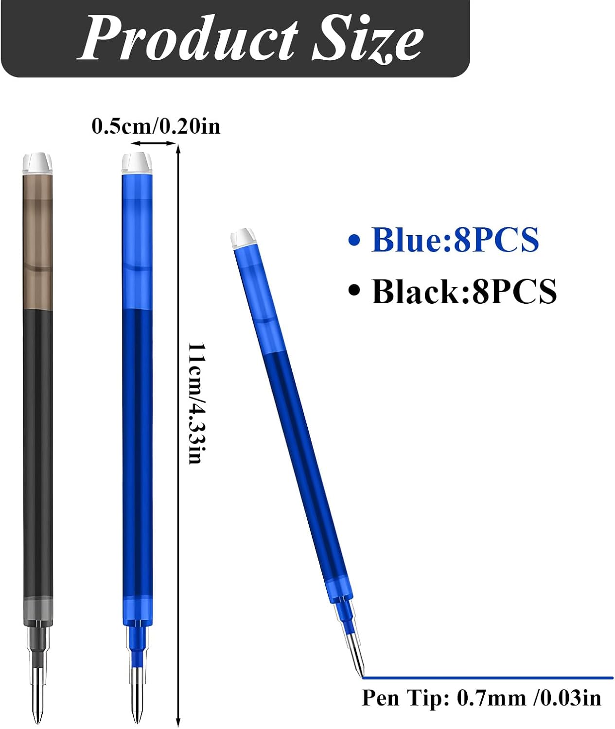 0.7 mm Erasable Gel Ink Pen Refills Compatible with Frixion Friction, Smooth Writing Multicolor Retractable Fine Point Pen Refill for School Office Home Art (Blue & Black, 16)