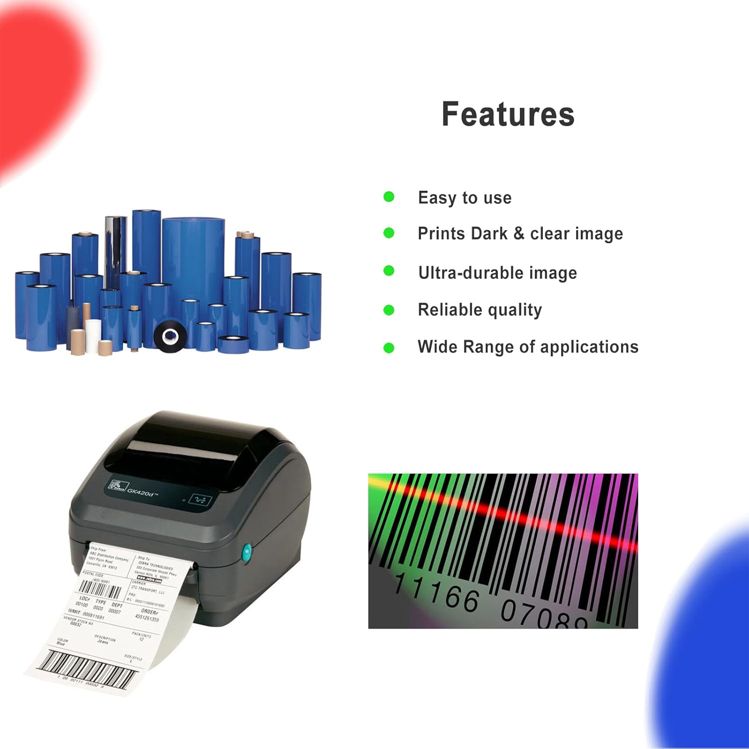 4 Rolls 4.33'' x 244' Premium Resin Enhanced Wax Ribbon, 110mm x 74m Black Thermal Transfer Ribbon, Desktop Barcode Thermal Label Printer Ribbons, 1/2'' Core, for Zebra GC, GK, GX, ZD & Eltron