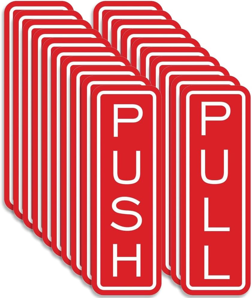 All Quality Classic Vertical Push Pull Door Signs - Great for Glass Doors | Professional Looking Signs | Easy Installation Includes Double-Sided Foam Adhesive Tape (Red) - Small (10 Pack)