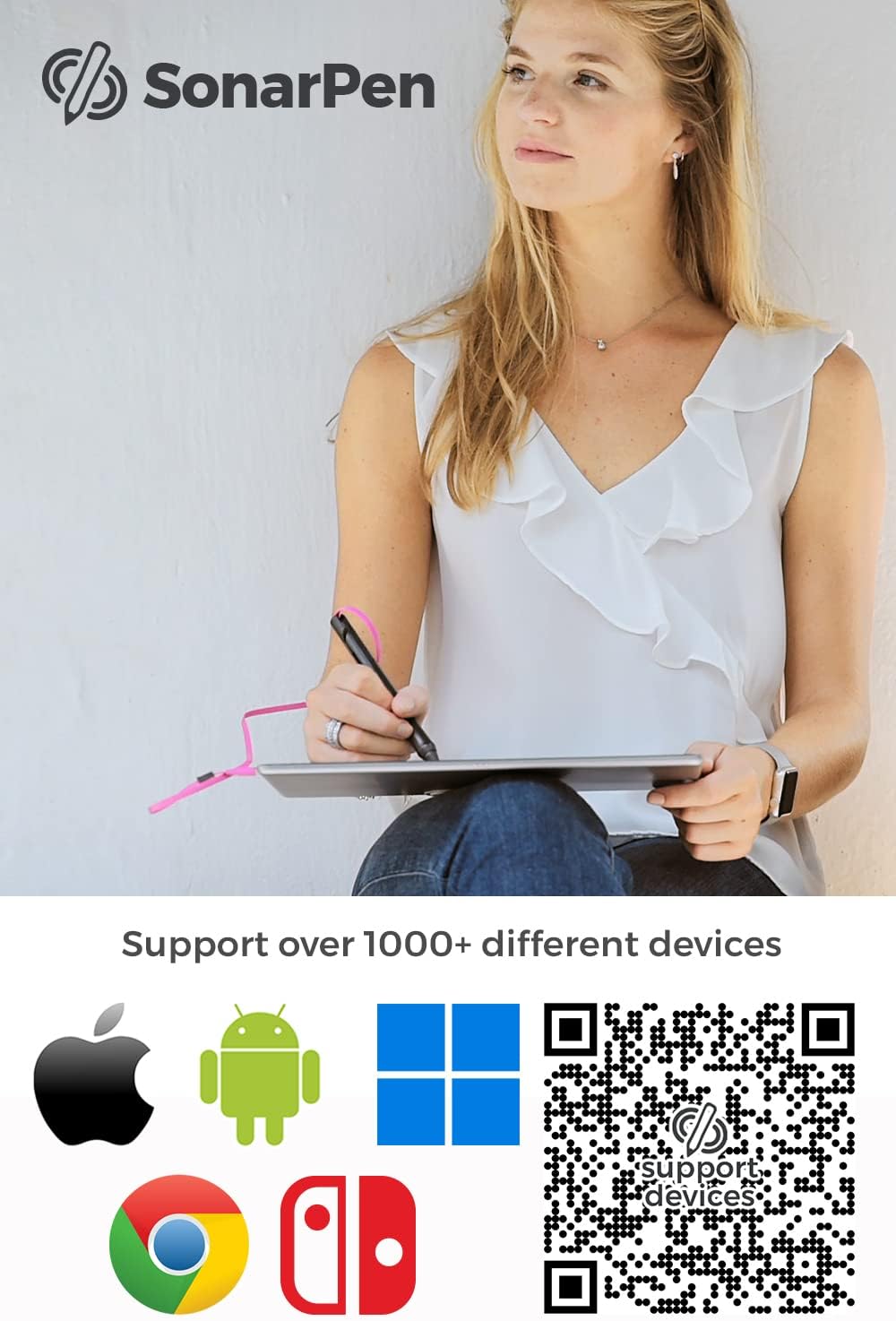 SonarPen: Pressure Sensitive Stylus Pen, with Palm Rejection and Shortcut Button. Battery-Less. Compatible with Apple iPad/iPhone/Android/Switch/Chromebook (White)