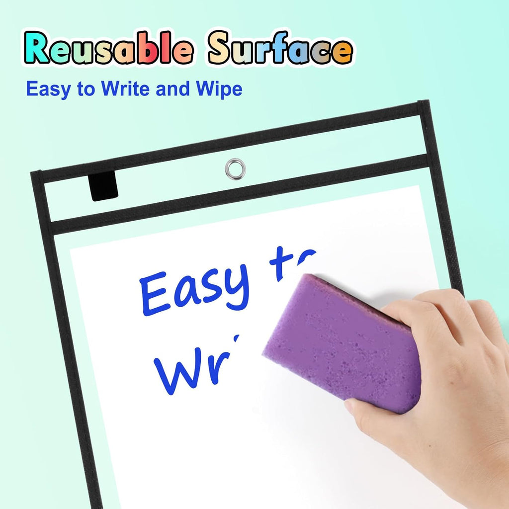30 Packs Dry Erase Pocket Sleeves with 2-Ring, Reusable Clear Plastic Classroom Sleeves, 10x14 Inch Ticket Holders, Plastic Sleeves for School/Office Organization