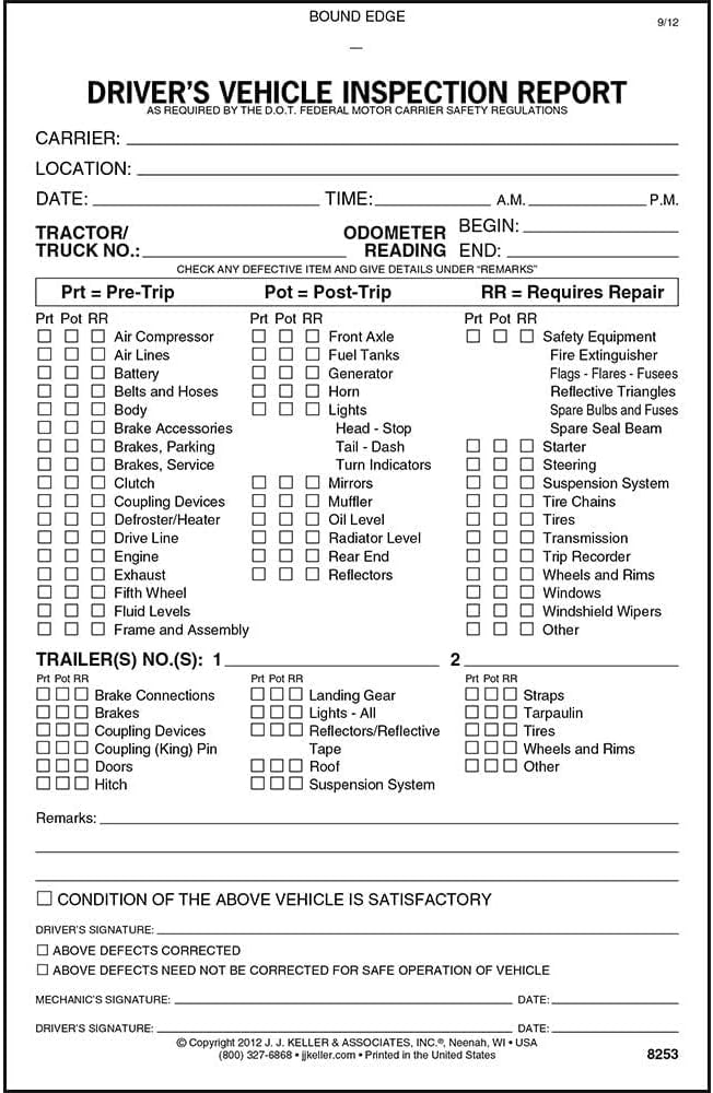 Detailed Driver's Vehicle Inspection Report for Pre- & Post-Trip, Book Format with 31 Sets, 2-Ply Carbonless, 5.5" x 8.5", Meet FMCSR Requirements, 50 Pack, J. J. Keller & Associates, Inc.