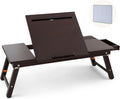 Nnewvante Laptop Bed Desk Bamboo Lap Table with Tablet Slot Height & Angle Adjustable Computer Lap Desk with Drawer Breakfast Serving Tray for Bed Floor, Black Walnut