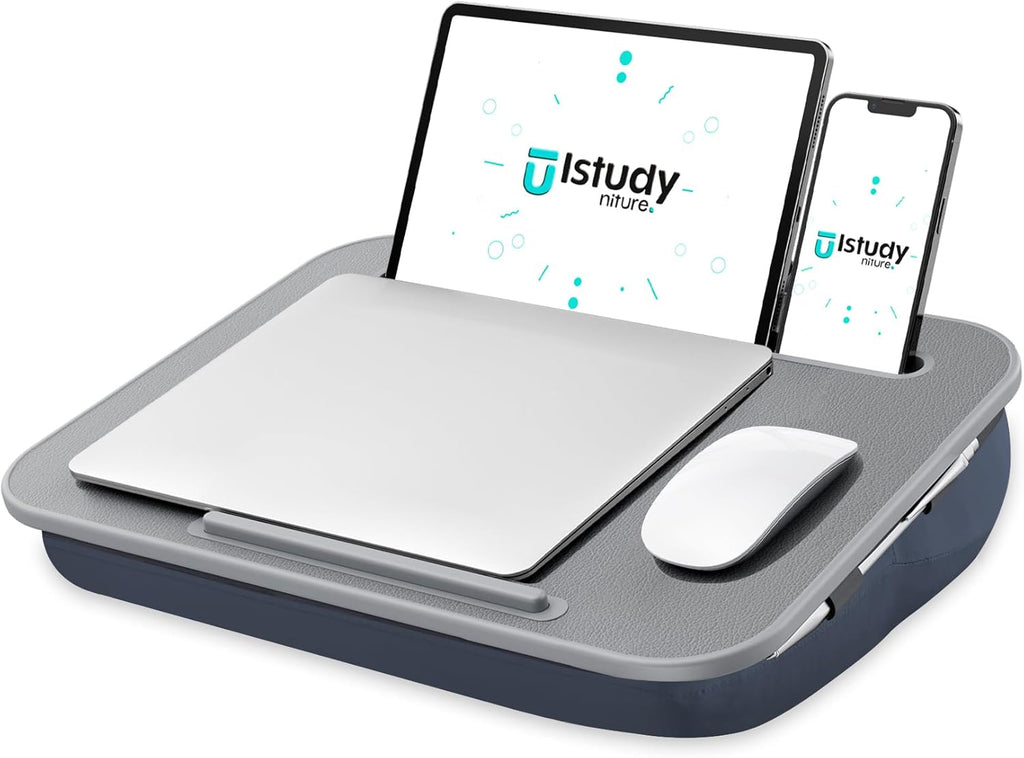 ISTUDYNITURE Portable Lap Desk with Cushion, Fits up to 15.6 inch Laptop, Laptop Stand with Device Ledge and Phone Holder, for Home Office (Grey, Small)