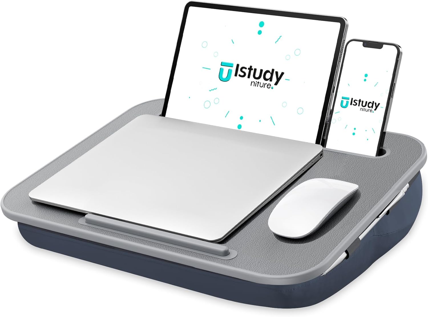ISTUDYNITURE Portable Lap Desk with Cushion, Fits up to 15.6 inch Laptop, Laptop Stand with Device Ledge and Phone Holder, for Home Office (Grey, Small)