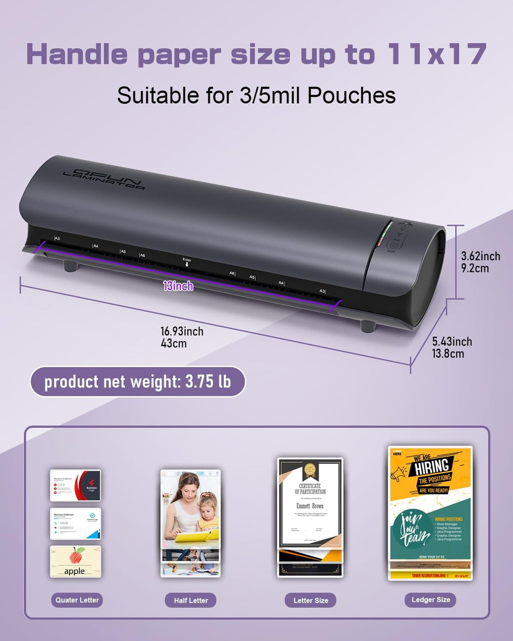 Office Presentation Laminator Machine 11x17 with Laminating Sheet A3/A4/A5, 3/5 Mil Thermal Cold Laminating Machine 13 inch Wide, 60s Warm-Up Office Presentation Laminator Machine (Gray)