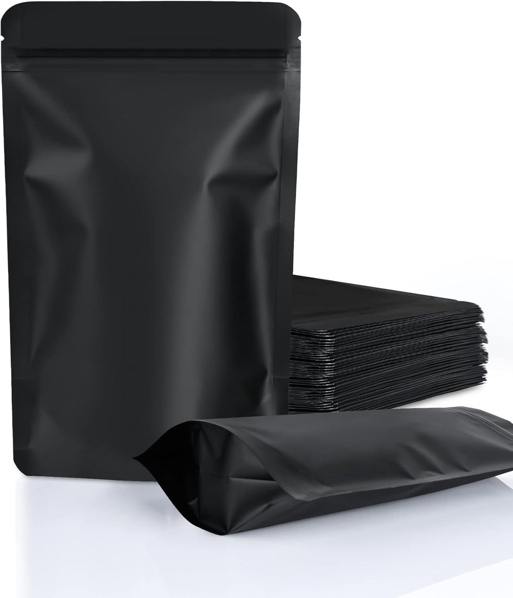 100 Pack Resealable Stand Up Bags,7.1" x 10.2" Smell Proof Pouch Sealable Foil Pouch Bags for Packaging (Black)
