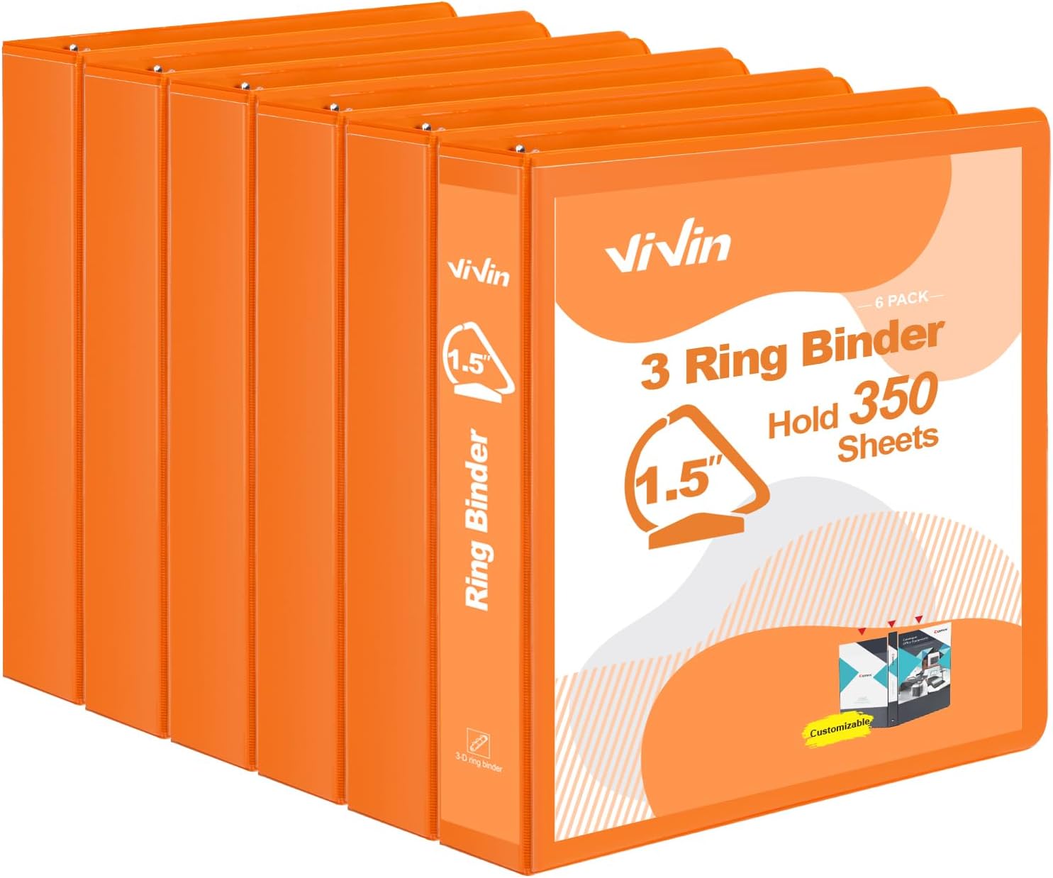 ViVin Sturdy 1.5 Inch 3 Ring Binder with Pockets, Slant-D Ring, PVC-Free, Customizable Clear View Binder,Holds 350 Sheets of 8.5" x 11" Paper,6 Pack (Orange)