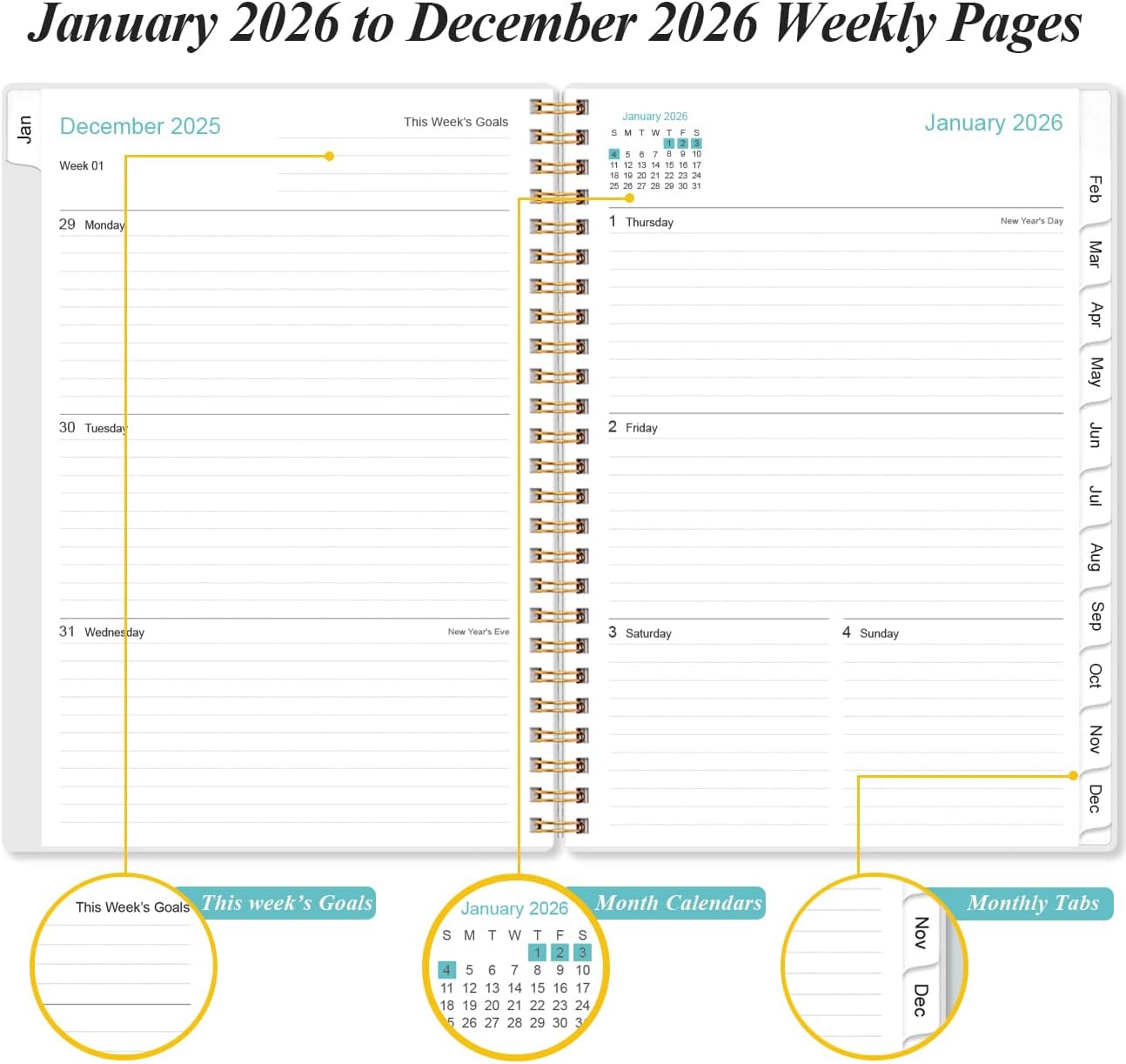 (3-Pack) 2026 Planner - A5 Weekly & Monthly Planners Spiral Bound, January 2026 - December 2026, 2026 Planner with Flexible Cover, Tabs, Inner Pocket, 6.4" x 8.5", Pink