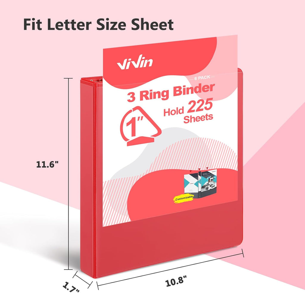 ViVin Sturdy 1 Inch D Ring Binders, 3 Ring Binders with 2 Pockets, Hold 225 Sheets of US Letter Size Paper for Office,Home,School, 6 Pack (Red)