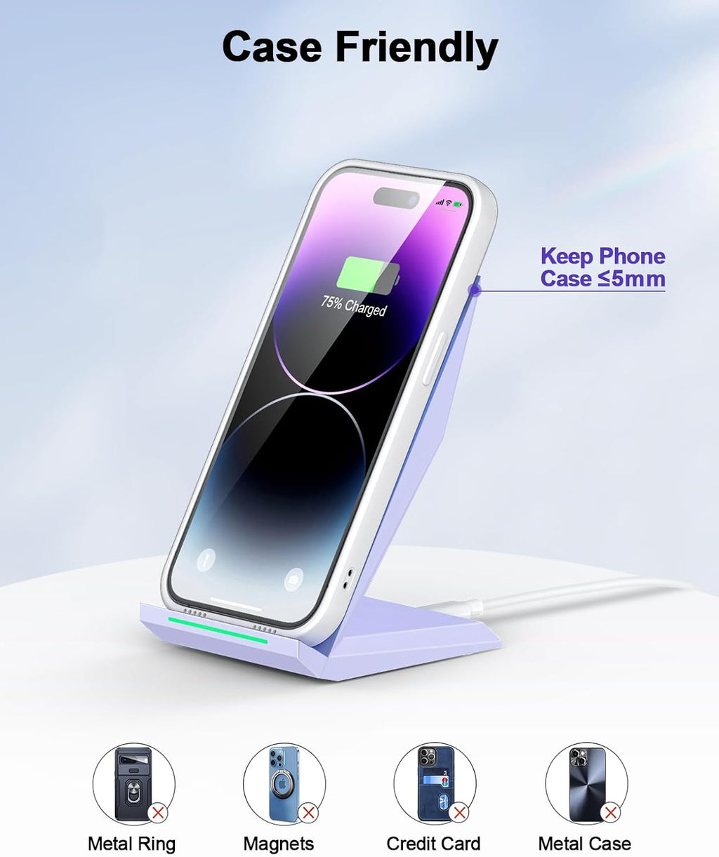 NANAMI Wireless Charger - Fast Qi-Certified Wireless Charging Stand Compatible Apple iPhone 17/17 Pro/17 Pro Max/16/15/14/13/12 Pro, Desktop Phone Charger for Samsung Galaxy S25/S24/S23/S22/S21