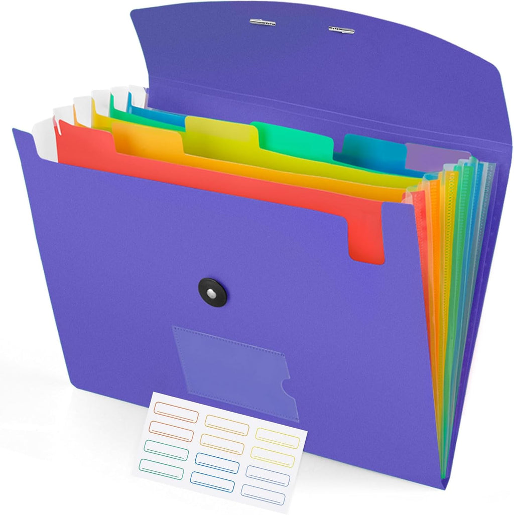 Accordion File Organizer, 7 Pockets Expanding File Folder with Labels, A4/Letter Size Portable Folders for Documents, Paper Organizer for School Office Supplies, Purple Blue