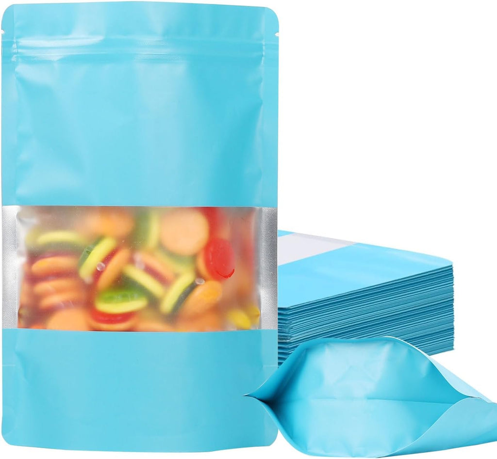 100 Pack Smell Proof Bags, Resealable Mylar Bags with Matte Window, Foil Pouch Stand-up Bags for Food Self Sealing Storage, Scratch Resistant Hand Storage Bags. (Blue, 7×10 Inch)