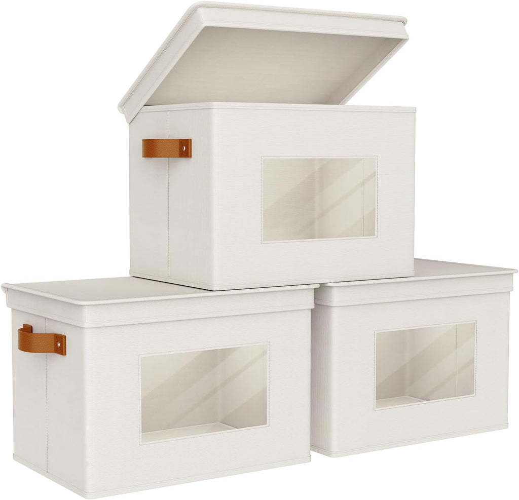 Univivi Storage Boxes with Lids Fabric Foldable Storage Bin for Clothes, [3-Pack] Closet Organizer Containers boxes with Handles for Home, Bedroom, Closet Storage (Beige,17” x 12” x 12")