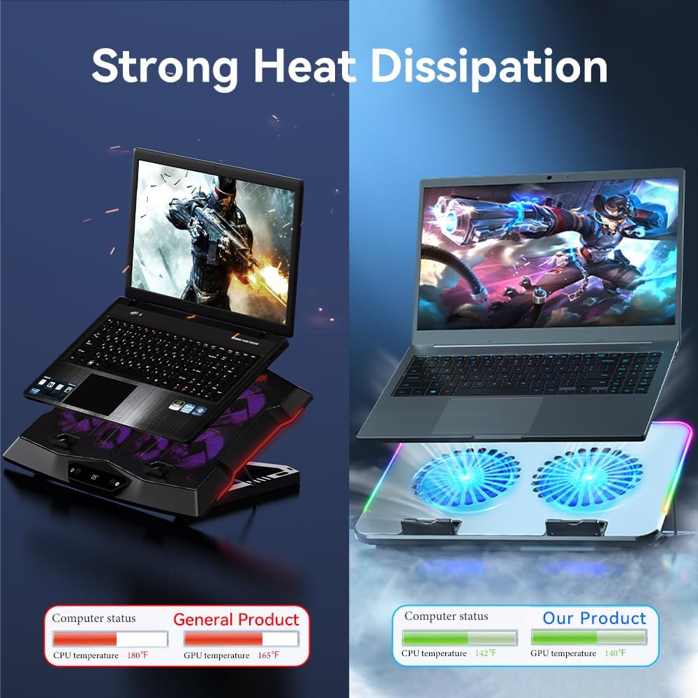 RGB Gaming Laptop Cooling Pad with Metal Panel, 2 Ultra Quiet Big Fans, 10 Lighting Modes, Phone Stand & 7 Height Adjustable Ergonomic Cooler for 10-15.6 Inch Laptops