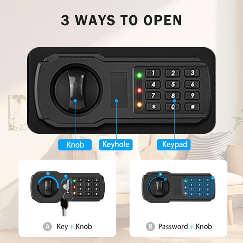 Small Mini Fire Safe Box for Home, 0.3 Cubic Feet Medication Lock Box, Security Money Safes with Digital Keypad, Spare Keys, Dorm Room Safe for Money, Jewelry, ID Documents
