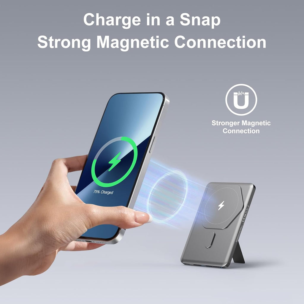 Magnetic Slim Portable Charger with Stand, 5000mAh Wireless Power Bank[Alloy-Made], PD 20W Fast Charging Compatible with iPhone 16/15/15 Pro/15 Pro Max, iPhone 14/13/12 Series, Black