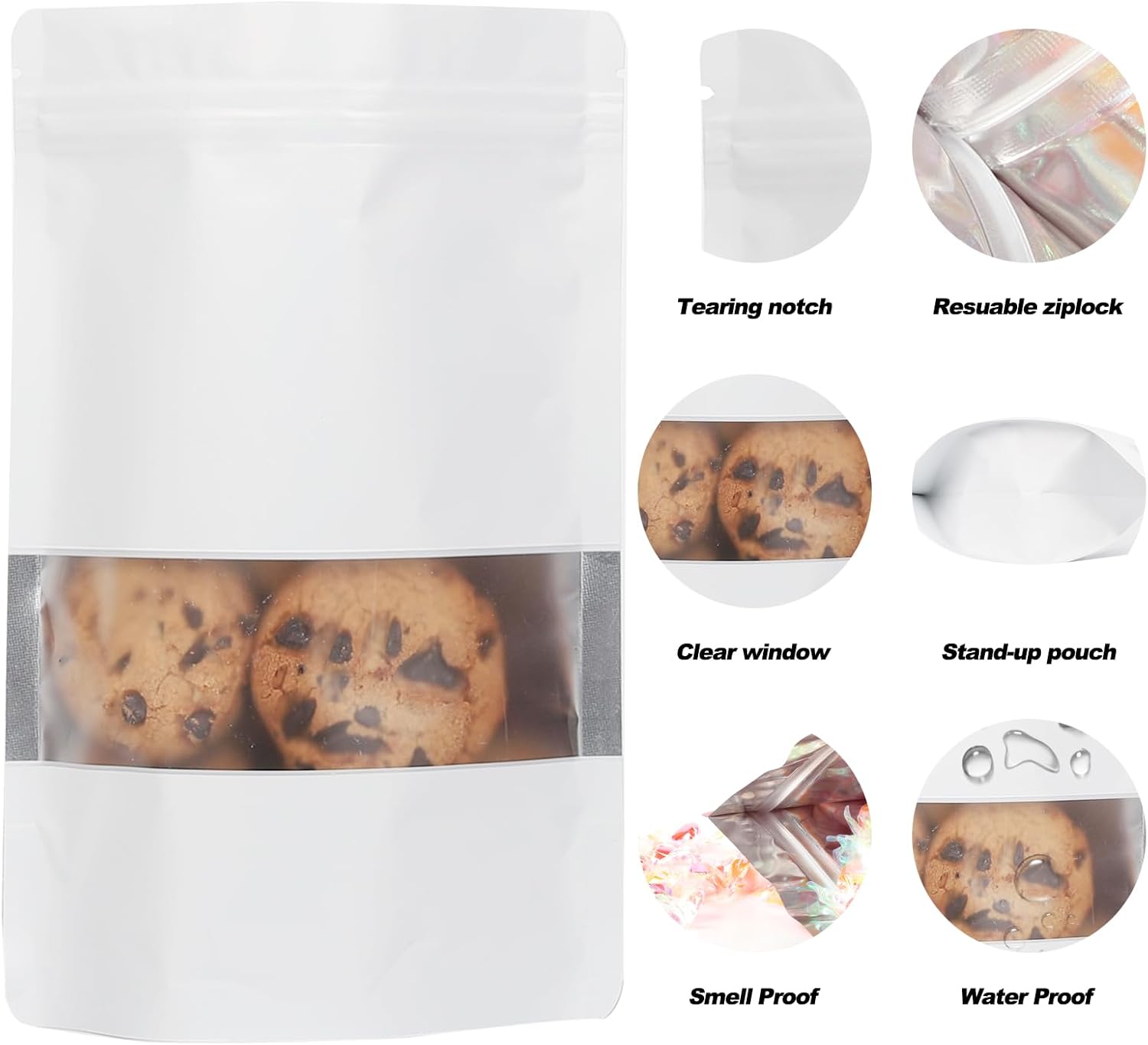 100 Pack Smell Proof Bags, Resealable Mylar Bags with Matte Window, Foil Pouch Stand-up Bags for Food Self Sealing Storage, Scratch Resistant Hand Storage Bags. (White, 5.9×8.6 Inch)