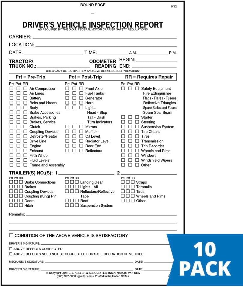 Detailed Driver's Vehicle Inspection Report (Pre- & Post-Trip) 10-pk. - Book Format with 31 Sets, 2-Ply Carbonless, 5.5" x 8.5", Meet FMCSR Requirements, J. J. Keller & Associates, Inc.