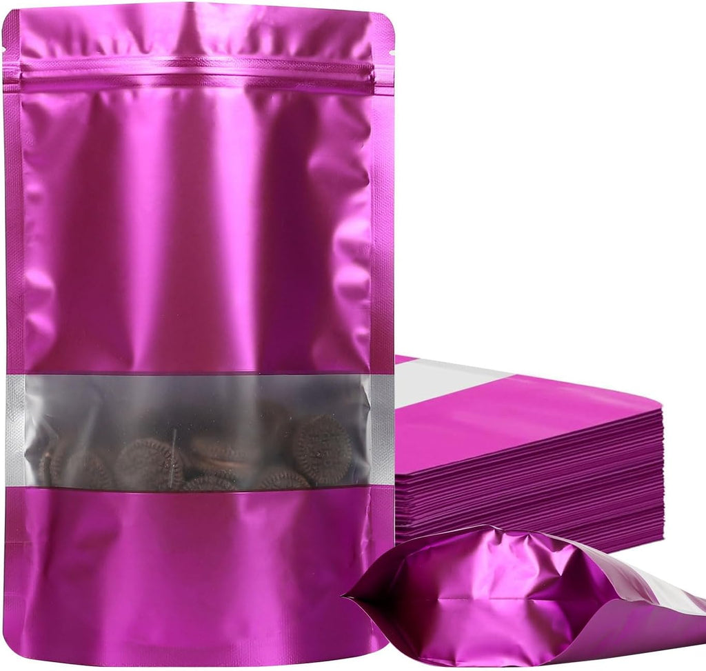 100 Pack Smell Proof Bags, Resealable Mylar Bags with Matte Window, Foil Pouch Stand-up Bags for Food Self Sealing Storage, Scratch Resistant Hand Storage Bags.(Purple, 7×10 Inch)