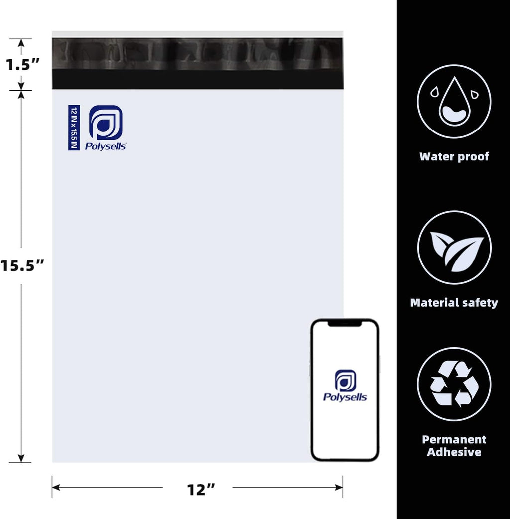 POLYSELLS 200 pcs 12x15.5 Inch White Poly Mailers Shipping Envelopes, Strong Adhesive Sealing, Waterproof, and Tear-resistant Postal Mailing Bags for Clothing, Books, and Accessories