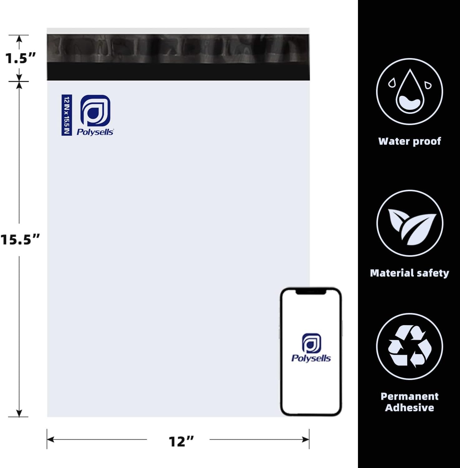 POLYSELLS 200 pcs 12x15.5 Inch White Poly Mailers Shipping Envelopes, Strong Adhesive Sealing, Waterproof, and Tear-resistant Postal Mailing Bags for Clothing, Books, and Accessories