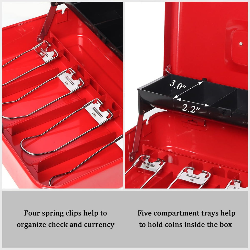 Jssmst Large Locking Cash Box with Money Tray, Metal Money Box with Combination Lock Cash Safe with Security Cable, Red