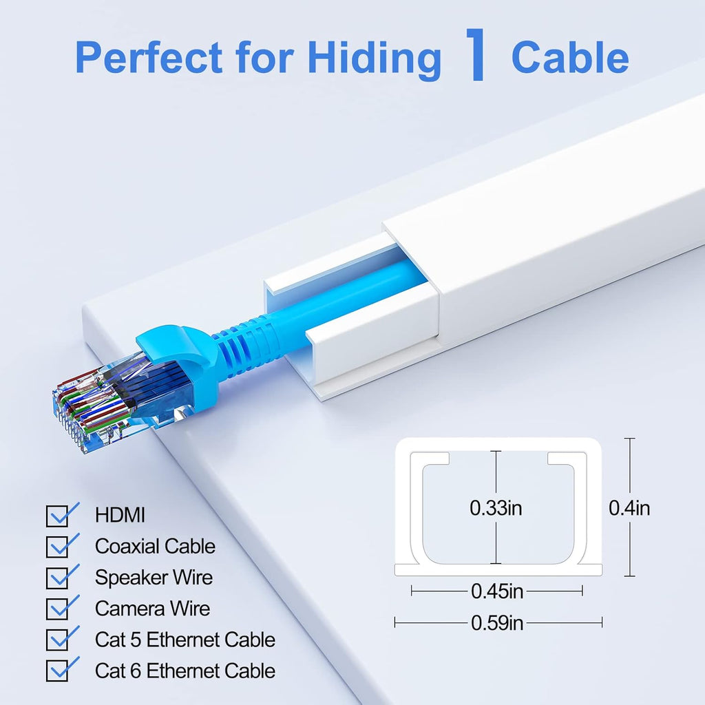 Yecaye Cord Hider, One-Cord 125in Cable Concealer, Cord Covers for Wires on Wall, Easy Install Cable Management Kit for 2 Small Wires, Cables Raceway Home Office, W0.59in H0.4in, White