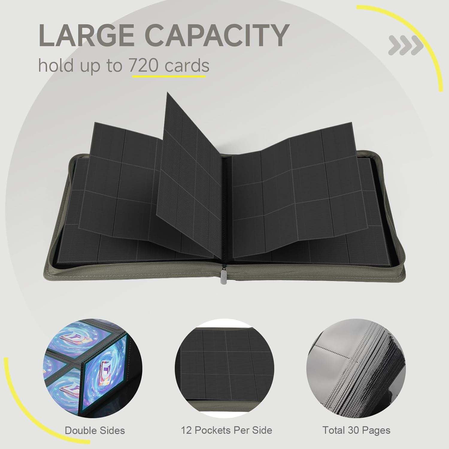 Trading Card Binder with Zip,12 Pockets Card Binder,720 Double Sided Pocket Card Collection Binder,Card Album Card Folder for MTG,TCG,Sports Cards,Game Cards,Grey