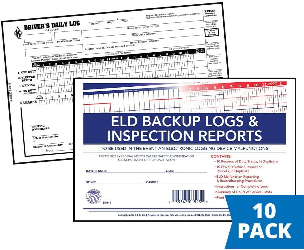 ELD Backup Driver Log Book 10-pk. with Detailed Driver Vehicle Inspection Report & Daily Recap - Book Format with 10 Sets, 2-Ply Carbonless, 8.5" x 5.5", J. J. Keller & Associates, Inc.