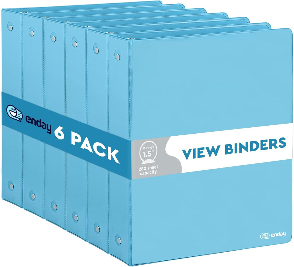 3 Ring Binder Blue, 1.5 Inch Clear View Cover with 2 Inside Pockets Binder, Colored School Supplies 1 ½ Inch Round Ring Binders, Also Available in Red, Pink, Purple, Green, and Grey (6 PC) – by Enday